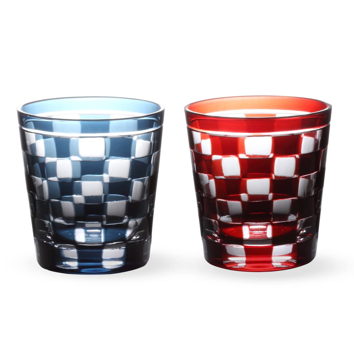J-kitchens 切子 ペア ロック グラス カップ Φ85xH90mm 260cc 市松 インクブルー & レッド