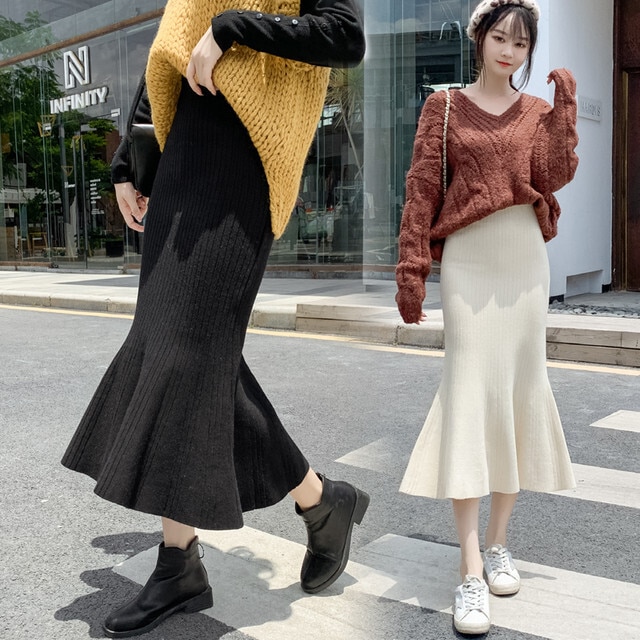 【送料無料】レディース フィッシュテールスカート マーメイド ハイウエスト ミドル丈