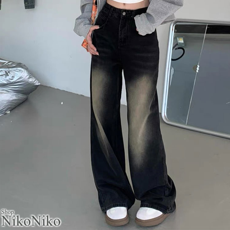 ウォッシュ加工 ミッドライズ デニムワイドパンツ【即納】レディース 韓国 プチプラ おしゃれ