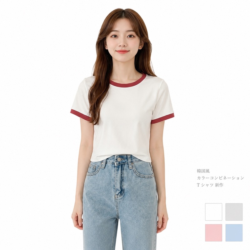 カラーブロック 半袖Tシャツ レディース タイトフィット クルーネック 韓国風 ショート丈 夏 2025 新作 5色 大きいサイズ XXLまで