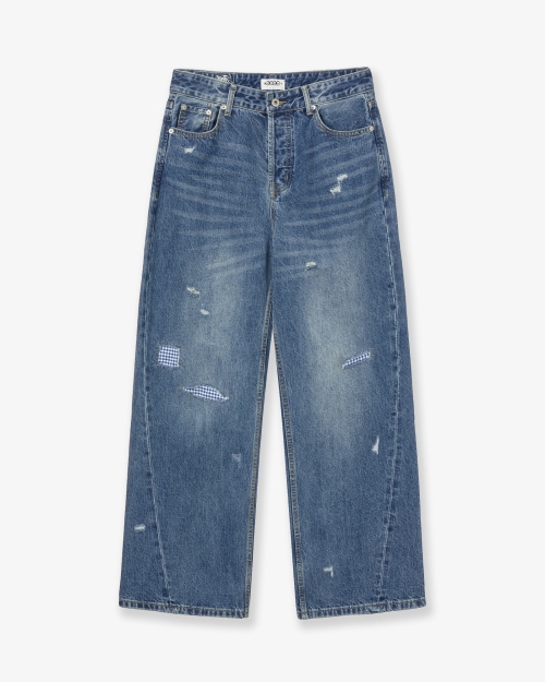 【AEAE】 CHECK PATCHWORK DENIM PANTS [MID BLUE] 正規品