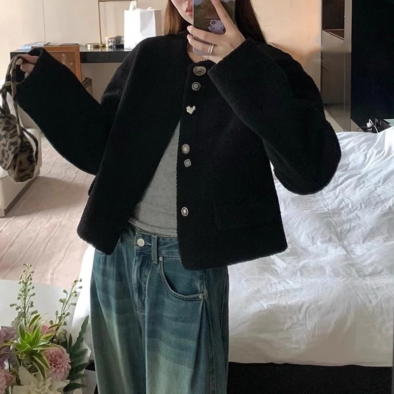 デルナ千金重工ボタンラム毛皮一体小香コートシングルブレストラッシュ