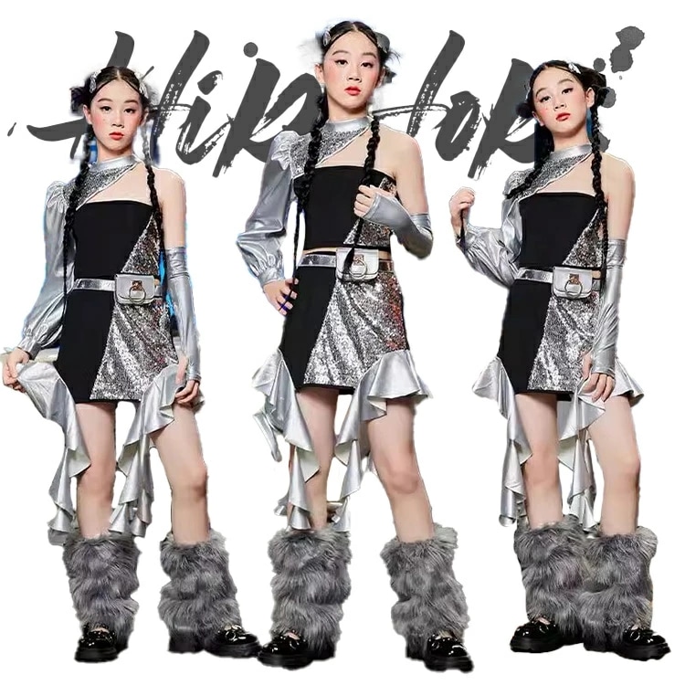 スパンコール キッズ ダンス ダンス衣装 長袖 シルバー 機能風 女の子 ガールズ へそ出し スカート レッグウォーマー ダンスウェア 発表会 応援団 イベント ジュニア カッコイイ 普段着 jazz