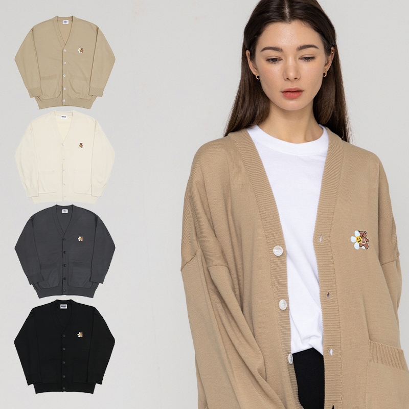 [UNISEX] Flower Bear Smile Embroidered Knit Cardigan_4color