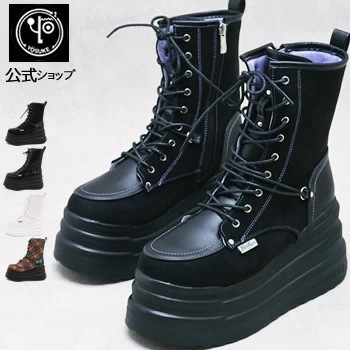 ヨースケ 厚底ブーツ レディース 公式キズ補修液付 厚底スニーカー ハイカット レースアップブーツ 9.5cmソールボリュームソール