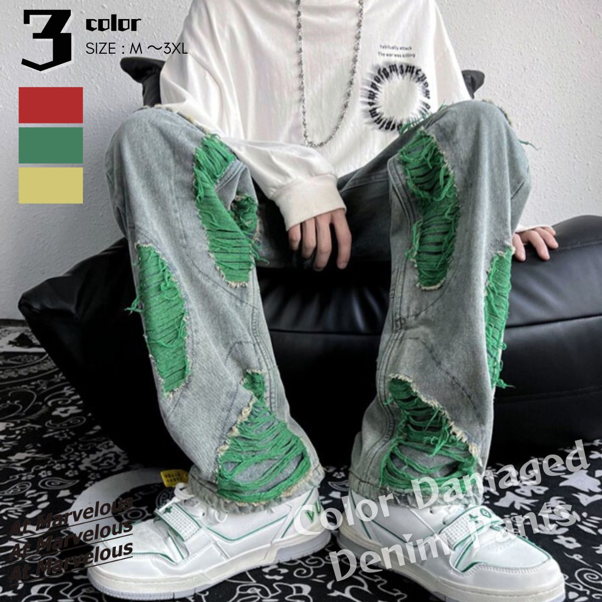 デニム デニムパンツ ダメージ加工 カラー配色 洗い加工 ボトム メンズ カジュアル ヒップホップ Ｂ系 ストリート クラッシュデニム かっこいい