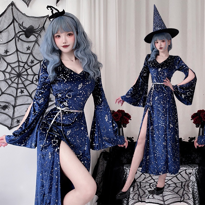 コスプレ 万聖節 ロリータ 韓30%までに制限国ファッション ハロウィン 衣装 マジシャン 魔女 スリット 星空 ヴァンパイア 魔女 衣装 コスプレ コス ロングスカート
