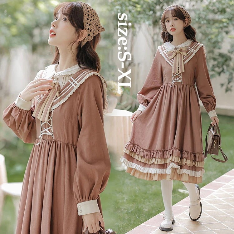 レディース ワンピースドレス ドレス ワンピース Lolita 長袖 可愛い オシャレ レース フレア リボン お洒落 ティアードスカート ワンピース 着痩せ 20代 30代 10代 きれいめ 華麗風