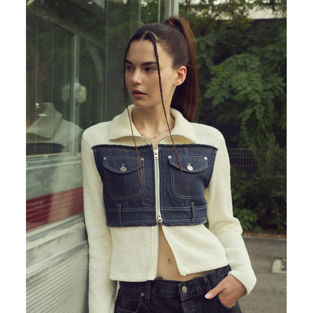 LARTIGENT L6 デニムポケットニットジップアップ(アイボリー)