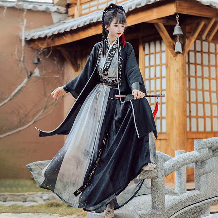 【2025限定SALE】中華コスプレ衣装 漢服 メンズ レディース 男女兼用 黒 チャイナ服 上下4点セット 華流 コスチューム グラデーション 鶴柄 チャイナ風 舞台衣裳 ステージ衣装 ハロウィン