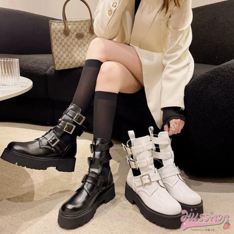 超低価格足元に辛口なアクセント フェイクレザー ベルト ショートブーツ 靴 ミドルブーツ ローヒール 美脚 脚長 女っぽ レディース 涼し気 カジュアル 通気性