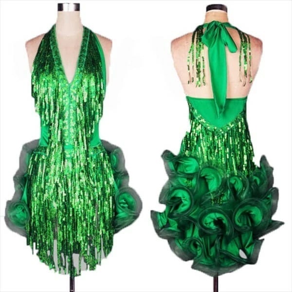 【激安開催】ラテン衣装 ダンス 社交ダンス ドレス ラテン チャチャチャ サンバ ルンバ ワンピース 舞台 ノースリーブ 大きいサイズ 練習 競技着 緑 黒 サルサダンス 競技用ドレス 社交ダンス衣装 7,883円