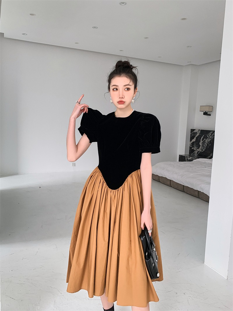 切り替えワンピース パフスリーブ ワンピース ドレス バイカラー ハイウエスト 半袖ワンピース バックホロー かわいい デート お仕事コーデ a4594 5,980円