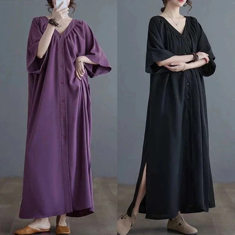 「ファットガール」 2024春夏 七分袖 Vネック ロングワンピース 体型カバー 大きいサイズ レディース ワンピース 4,758円