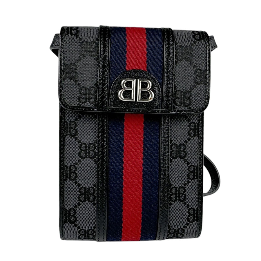 バレンシアガ BALENCIAGA ショルダーバッグ BALENCIAGAx GUCCI ザ ハッカー プロジェクト フォンバッグ キャンバス/レザー ブラック/グレー シルバー ユニセックス z34