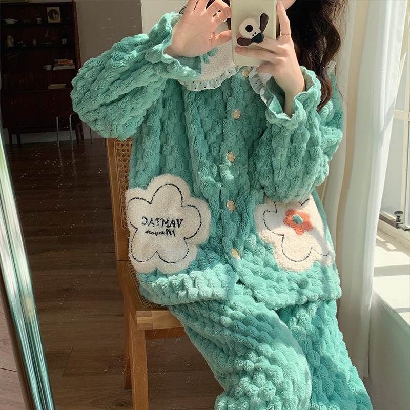 ルームウェア パジャマ 着る毛布 部屋着 お家コーデ モコモコ 秋 冬 ナイトウェア 上下セット セットアップ 2点セット かわいい 大人可愛い ラブリー フェミニン レディース 女の子 前開き ポケ