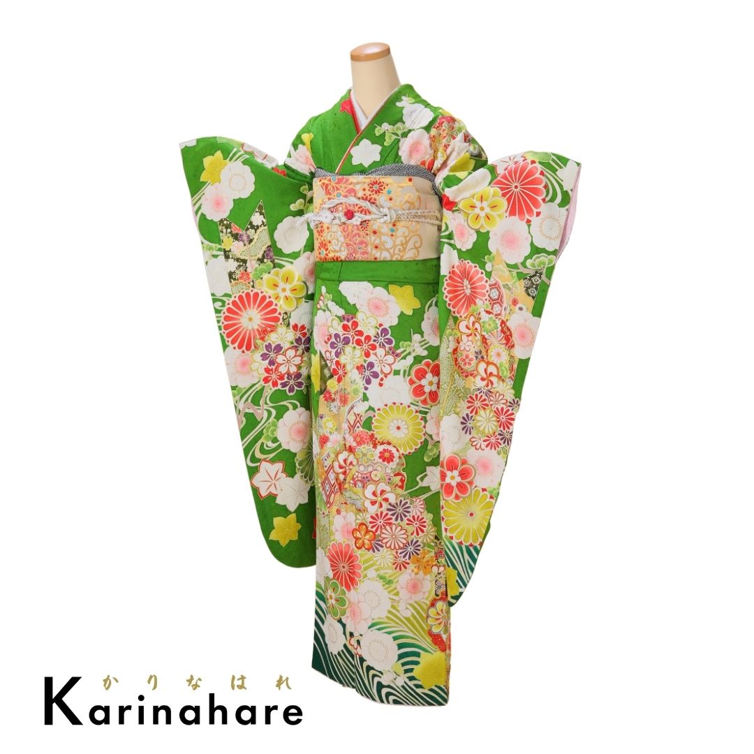 結婚式結納レンタル地紋の緑の地に牡丹や菊松竹梅桜などが描かれた振袖F593-108