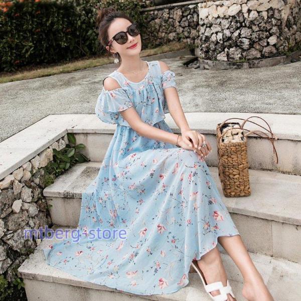 ワンピース レディース 40代 マキシワンピース 春夏 半袖ワンピース 花柄 肩あき シフォンフレアスカート オシャレ韓国風 お出かけ 大人 結婚式ドレス 30代