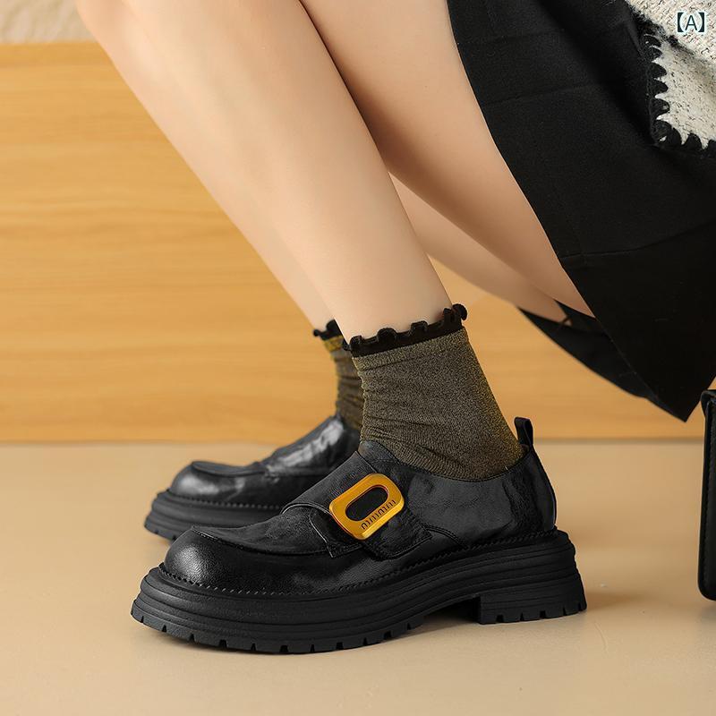 ローファー レディース 通勤 通学 オフィス 学生 厚底 革 英国風 深い メタル バックル 太い ヒール 小さめ 革靴 レトロ シンプル カレッジ スタイル シューズ 10,642円