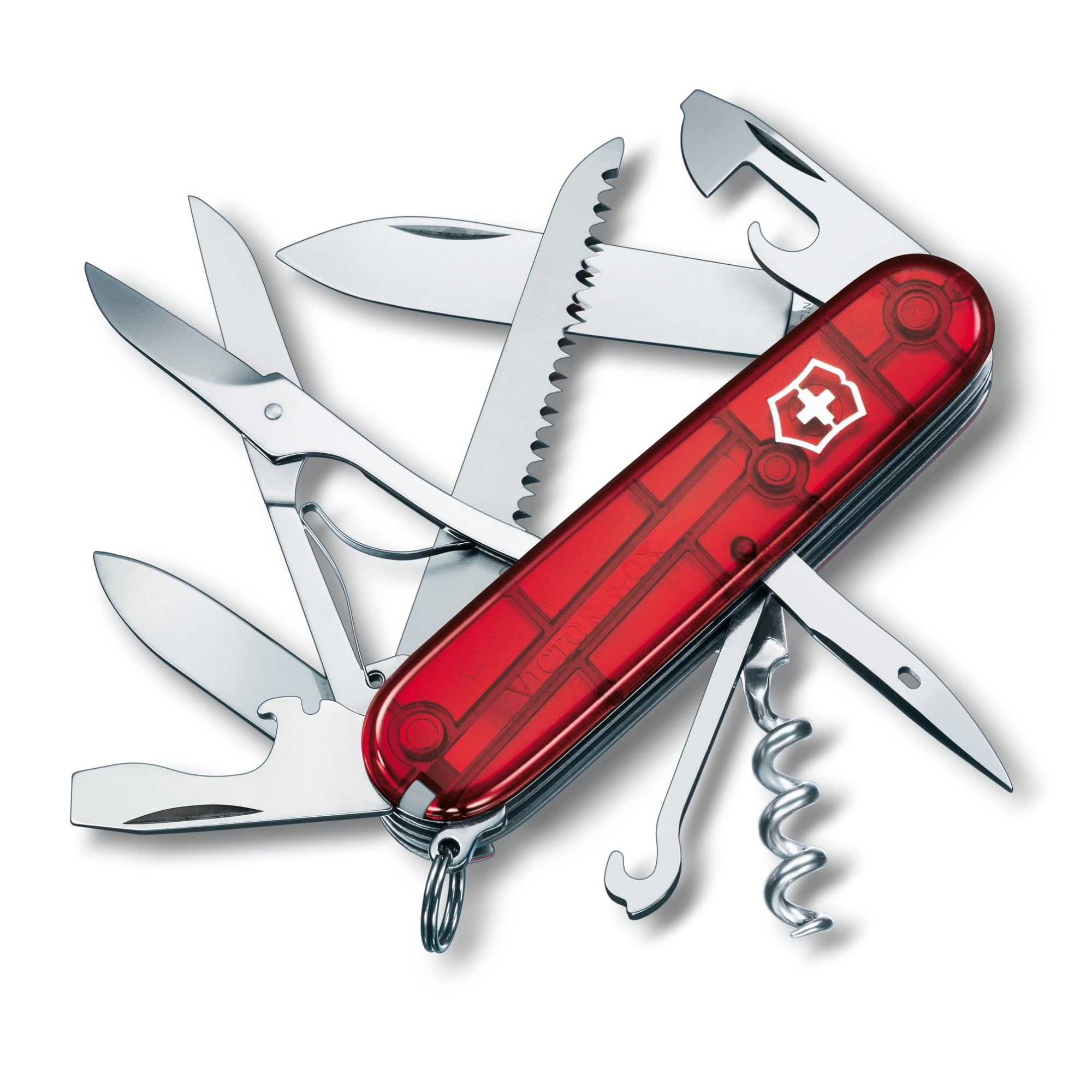 VICTORINOX(ビクトリノックス) ハントマン スイス・アーミー ナイフ トランスルーセントレッド 多機能 防災グッズ 登山 ハイキング キャンプ はさみ のこぎり付き 15機能を搭載したスイス