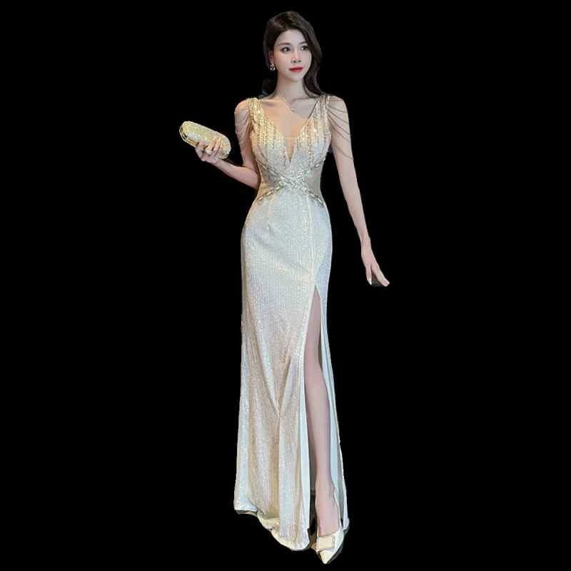 イブニングドレス レディース パーティー 宴会 豪華 光沢 スリット スパンコール ビーズ 刺繍 きいサイズ Vネック シースルー セクシー キラキラ ロング きれいめ ゴールド