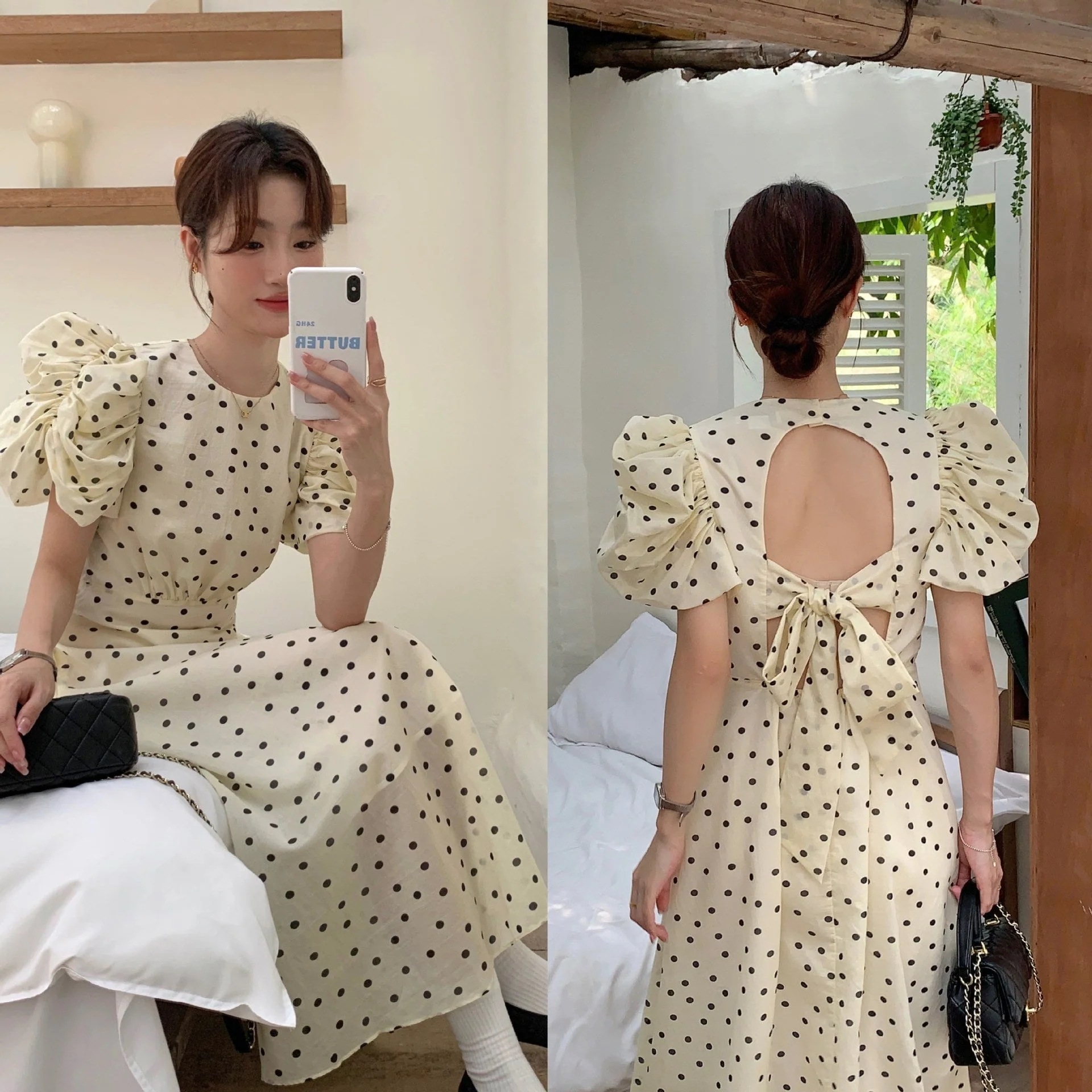 オープンバックドットロングワンピース R3796