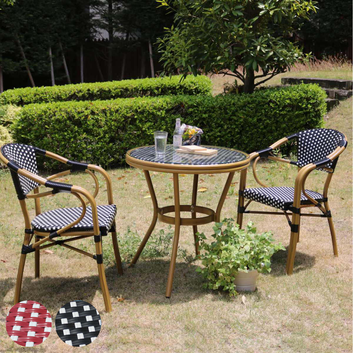 テーブル 3点セット プレジール ラウンド ガーデンテーブル ガーデン 庭 丸型 机 ガラス天板 ガラス 強化ガラス チェア セット モダン アンティーク調 バルコニー アジャスター ラタン風