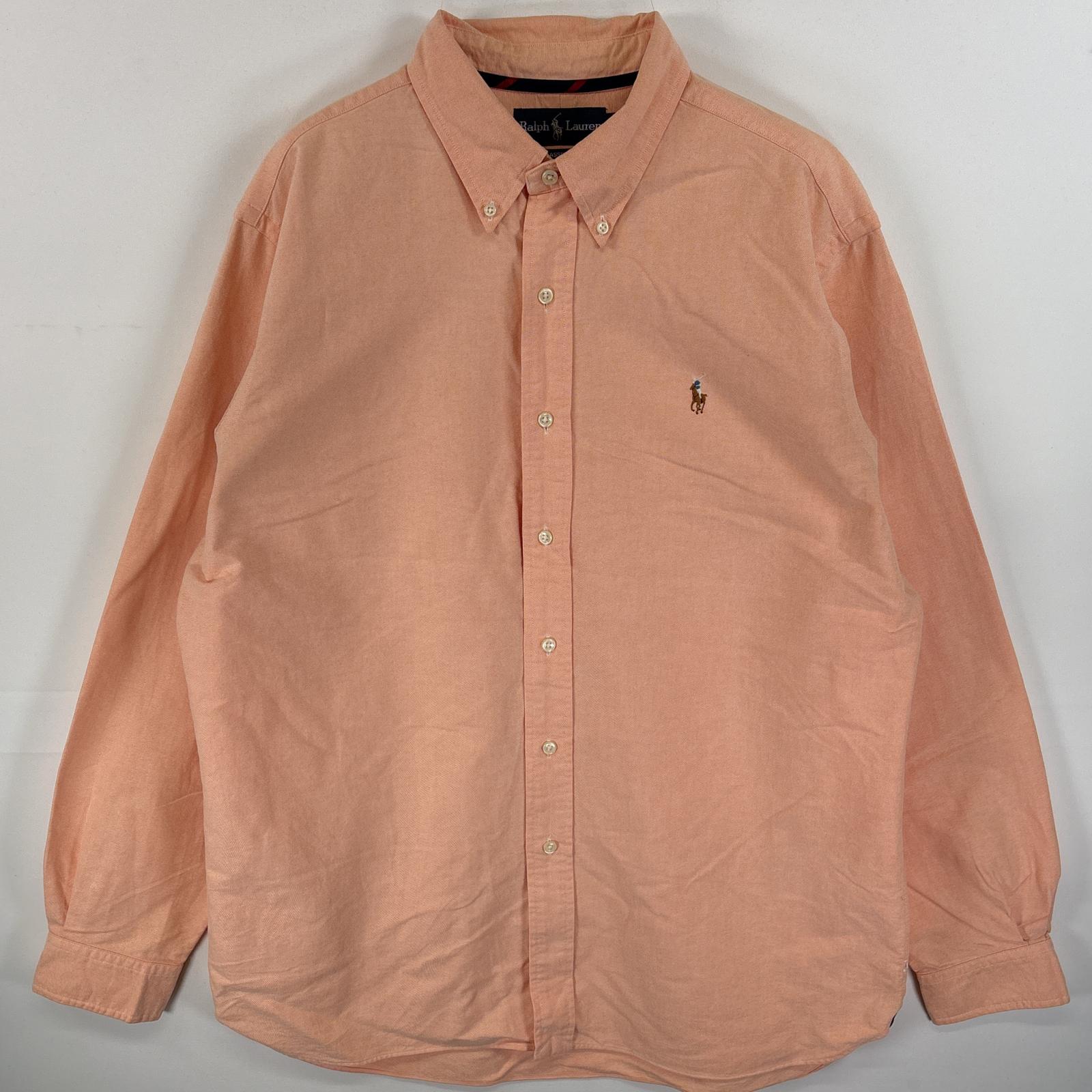 古着 90s/90年代 長袖シャツ ワンポイント ロゴ 刺繍 カラーシャツ ボタンダウンシャツ L オレンジ系 無地 メンズ