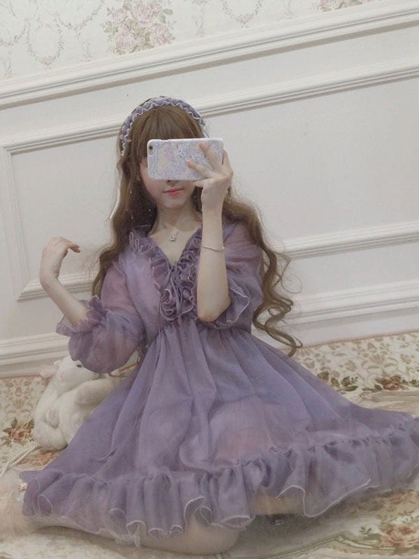 【短納期】甘いロリータワンピース　ラベンダー　フリル　レール　姫ロリ　森系　ロリータワンピースドレス