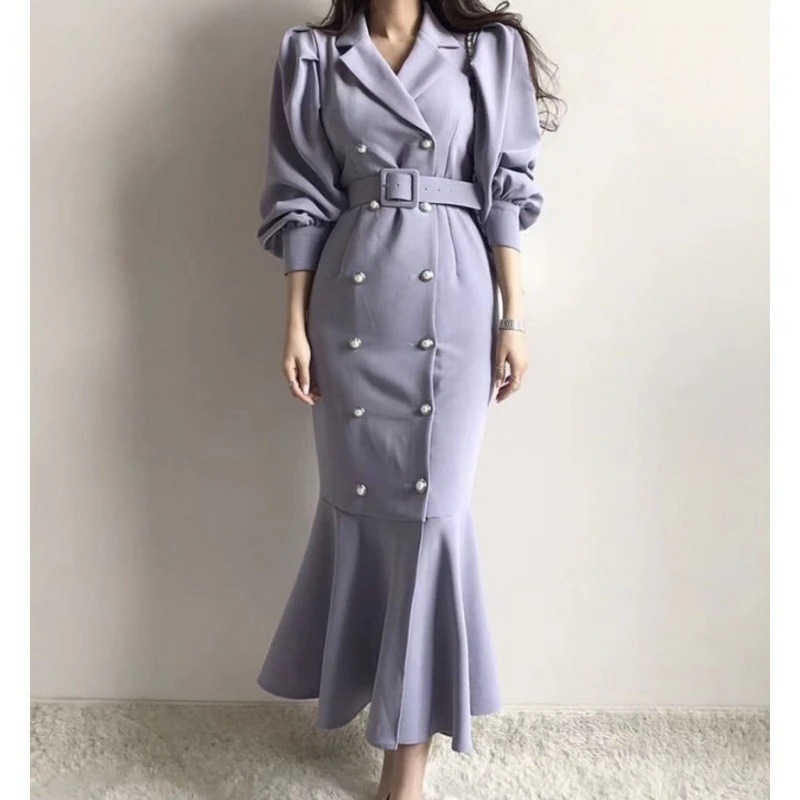 気質パーティー作春長袖スーツワンピースロングバブル袖ダブルブレストベルト垂れ感フィッシュテールスカートお肌に優しいゆったり高級感流行り気質百掛けフレンチ着やせ