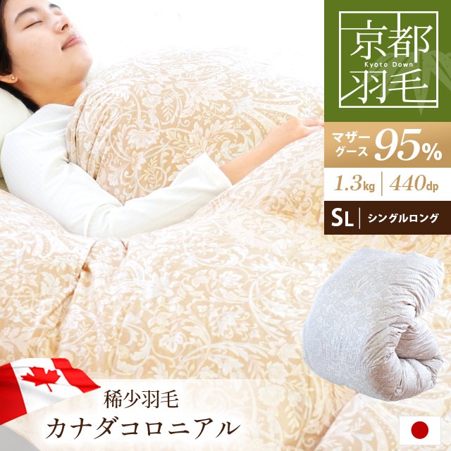羽毛布団 シングルロング マザーグースダウン95% 150X210cm 増量1.3kg 440dp以上 日本製 京都羽毛 「竹」 カナダ コロニアルダウン センタークロスDX 3SA-1993