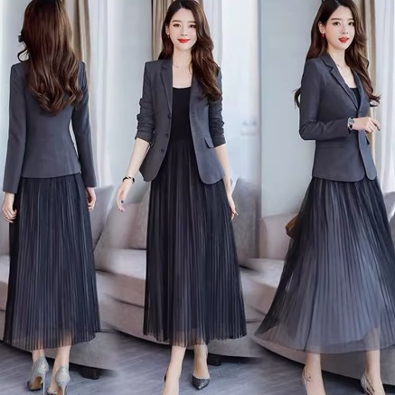 2点セット セットアップ ジャケット フレアスカート ロング ロング丈 袖あり 長袖 襟付き Aライン シフォン ポケット ハイウエスト 前開き 透け感 かわいい 大人可愛い きれいめ シンプル 上品