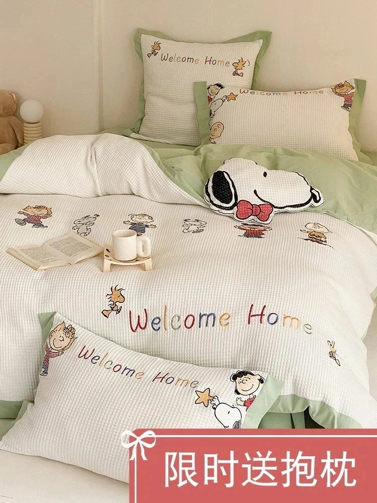 【急速出荷!】スモールフレッシュワッフル 綿 ウォッシュドコットン 4枚合わせ コットンシーツ 掛け布団カバー スヌーピー 寝具