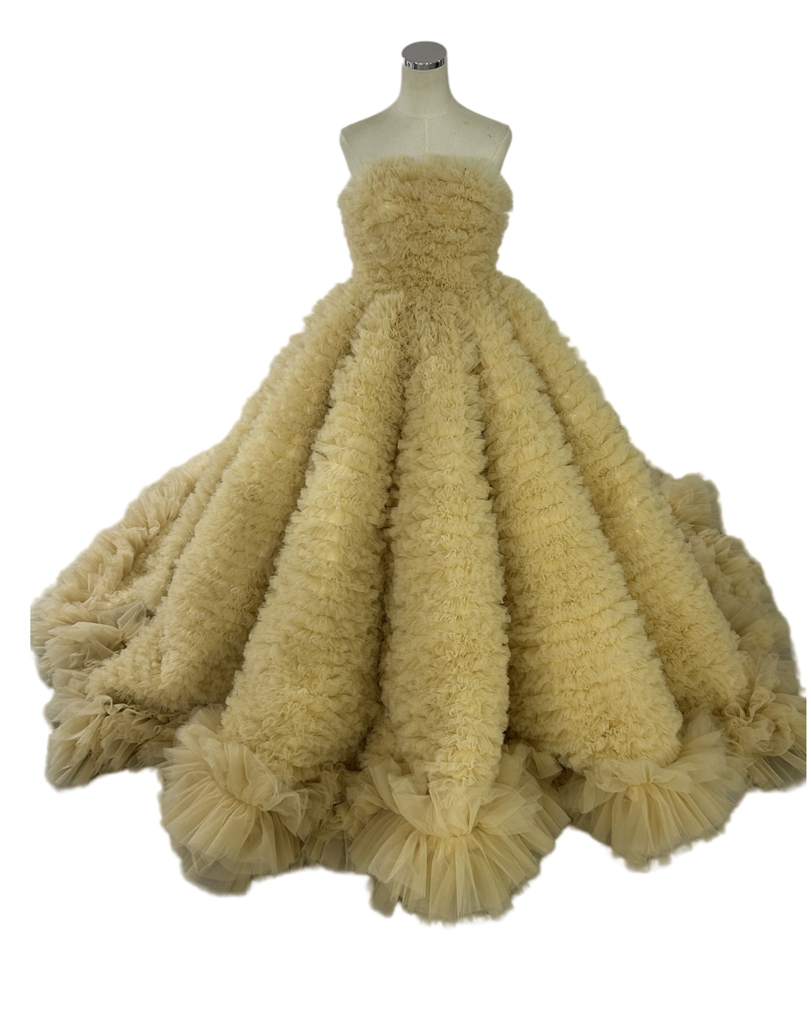 韓国風もふもふカラードレス　もこもこチュールドレス　イエロー ベアトップ フリル　ボリュームたっぷり　華やかなトレーン 74,250円