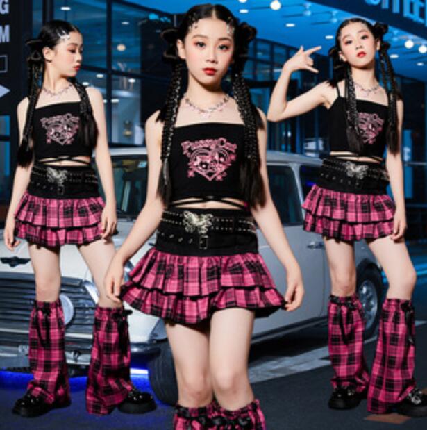 子供ダンス衣装 チェック柄スカートキャミソールtシャツ女の子ヒップホップジャズダンス衣装 イベントステージショー演出服 jazz 学園風キッズチアダンス ステージ衣装 hiphop