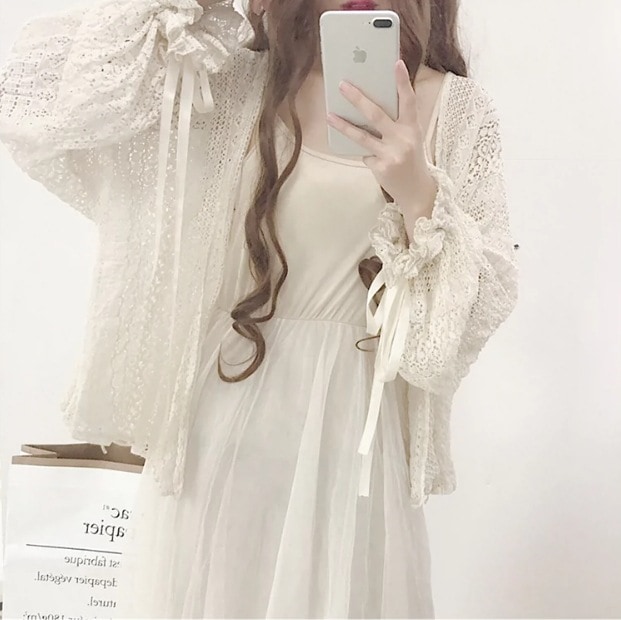 ショート丈鍵編みニットカーディガン トップス カーディガン ニット サマーニット ショート丈 長袖 ゆったり ボタン 前開き 透け感 シースルー モテ 通気性 薄手 可愛い きれいめ シンプル