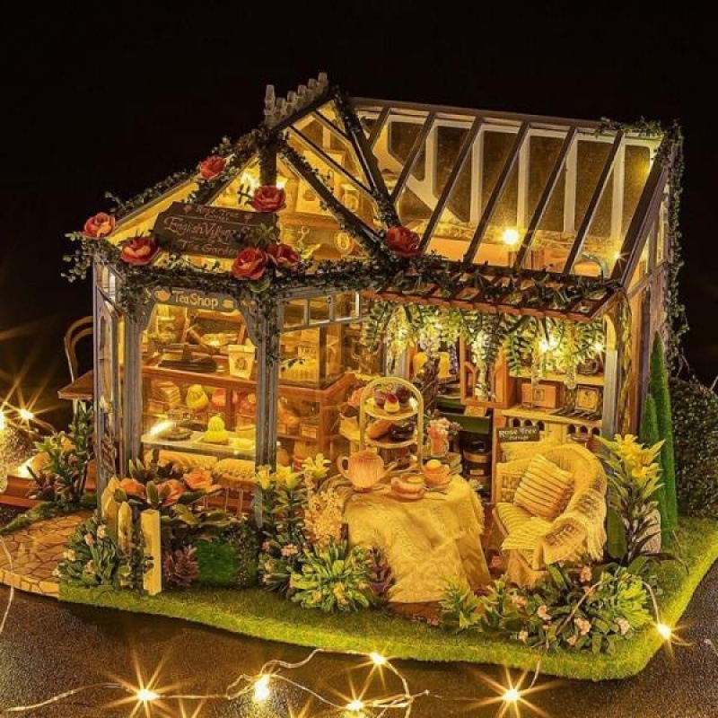 ライトなし模型ハウスDIYミニチュアハウス手作り組み立てバラ庭茶屋木製玩具建築ハウス模型女性向けギフト