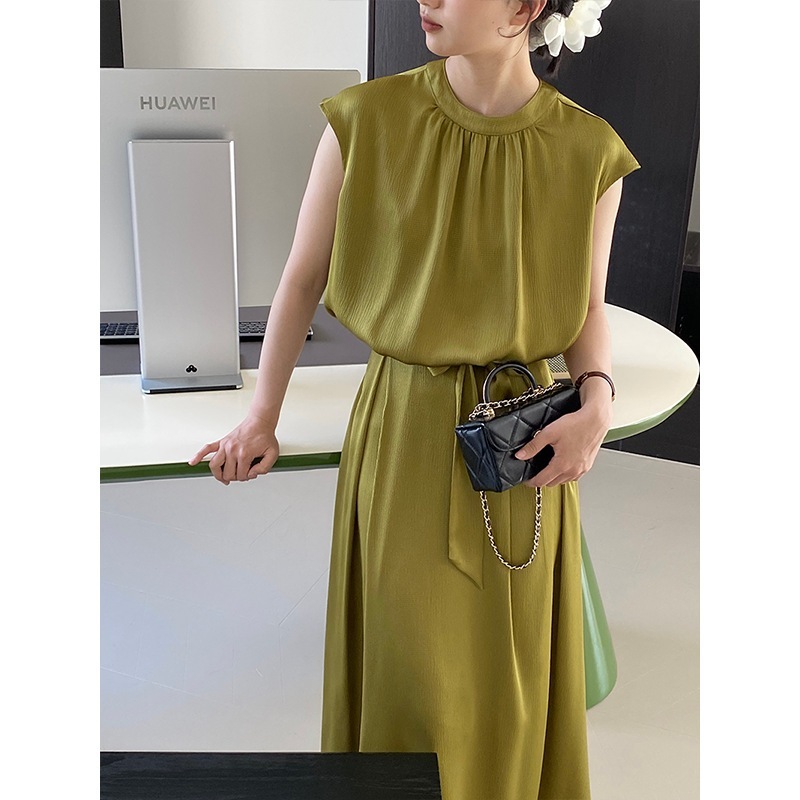 フランス製高級質感サテンノースリーブレースアップトップス+ワイドスカートスーツ6018