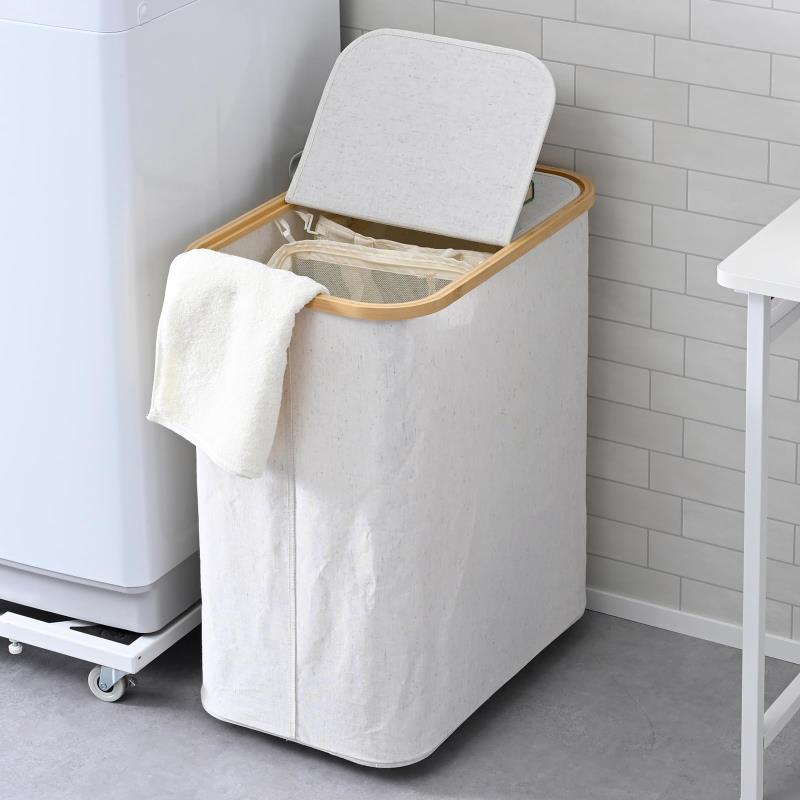 山善(YAMAZEN) ランドリーバスケット キャスター付き 洗えるインナーネット2個付 ワイド 撥水加工 ランドリーバッグ ランドリー 収納 幅55×奥行34.5×高さ63.5cm 完成品 アイボリ