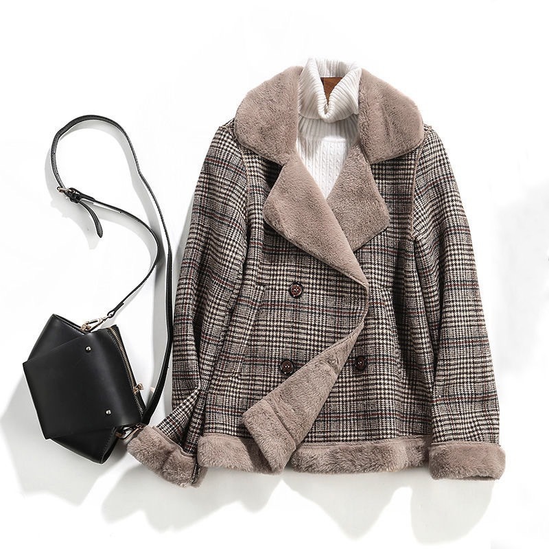 高級な質感 トレンチコート フェイクスエードコート レディース ダブルブレスト ボアコート ファー カーディガン 裏起毛 アウター 冬 チェック柄 長袖 5,377円
