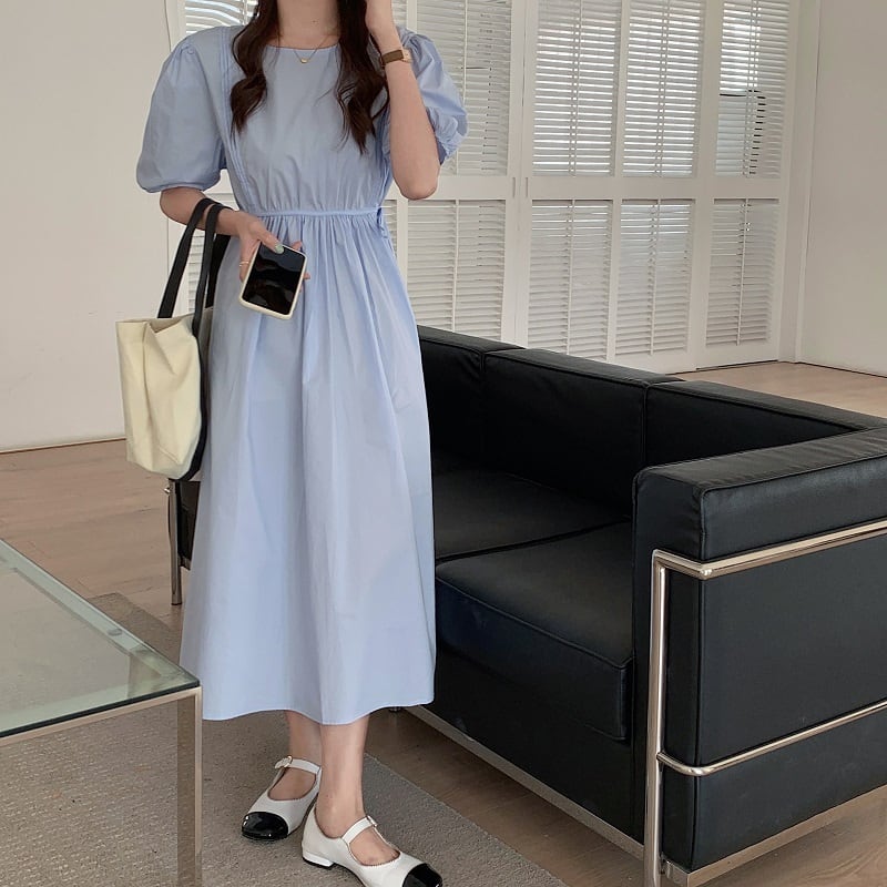ワンピース ロングワンピース Aラインフレア ギャザー パフスリーブ ブルー オレンジ グリーン