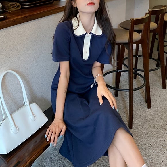 3color レディース ワンピース ポロワンピース ミドル丈 無地 膝丈 袖あり 半袖