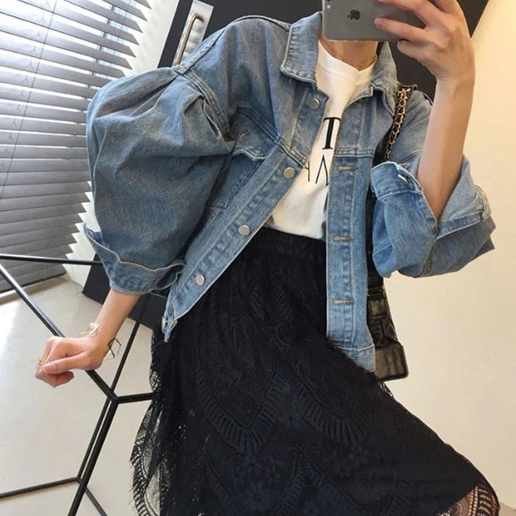 デニムジャケット レディース パフスリーブ ジャケット デニム ショート丈 トップス アウター 羽織り レトロ ゆったり カジュアル ジージャン Gジャン おしゃれ 韓国ファッション