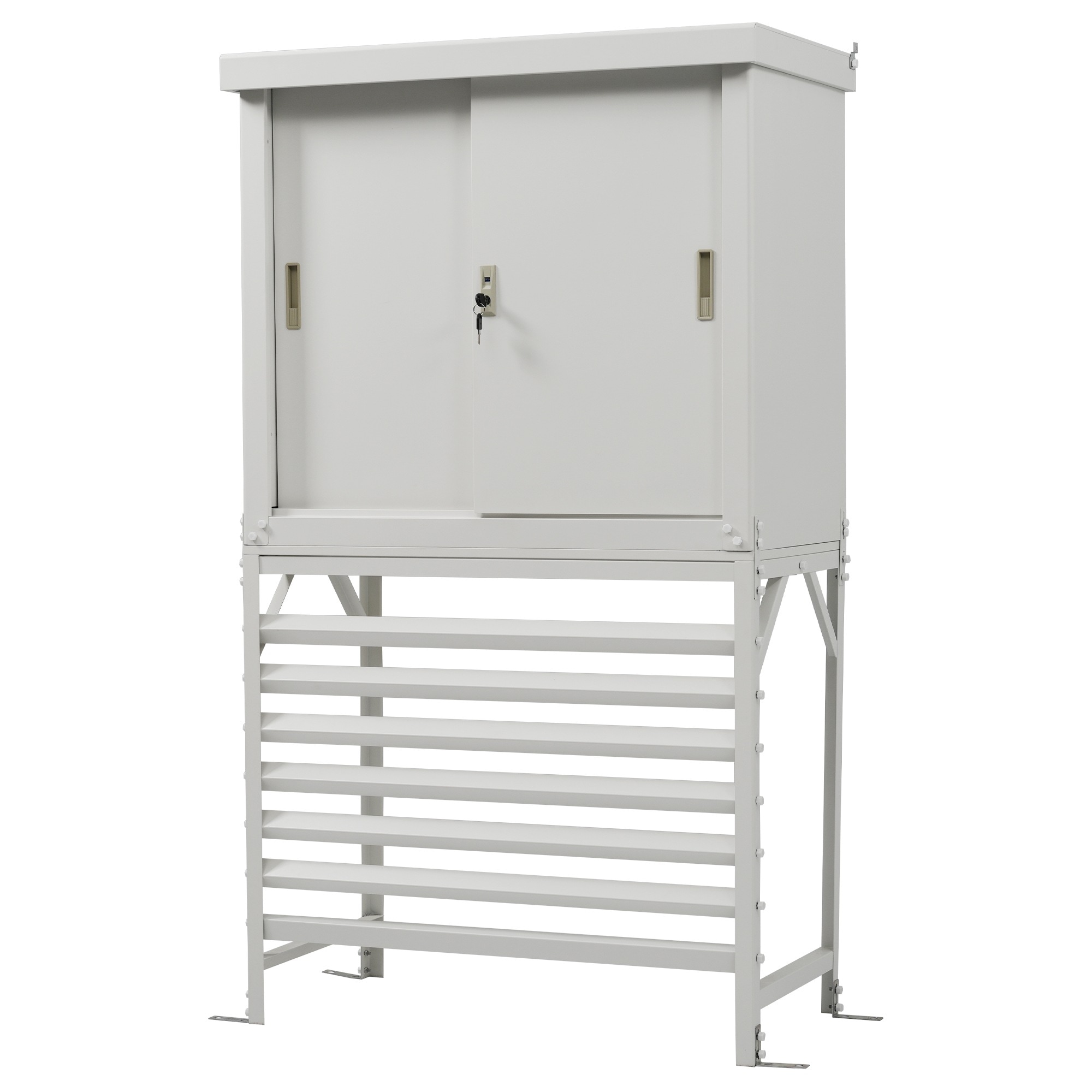 【国内出荷 - 3日配達】エアコン室外機カバー 収納庫 収納庫は分けて使える＆セットでも使用可能な2-in-1 防錆・防風・防盗に強い！ 鍵付き 日よけ 棚 収納 室外機カバー ワイド 目隠し ベラン