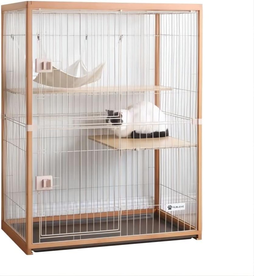 BTM 猫ケージ キャットケージ 2段 木製フレーム 広々 大型 おしゃれ キャットハウス ネコハウス 留守番 梯子付き 保護 脱走防止 組み立て簡単 多頭飼い 多頭 ペットケージ ナチュラル