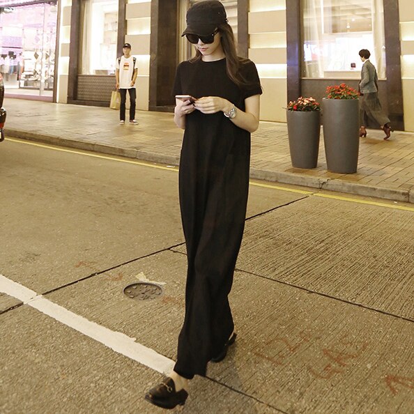 ワンピース 大きいサイズ マキシ丈 ロング丈 レディースファッション 無地 ブラック シンプル 半袖 XL 2XL 春 夏 秋 かっこいい スポーティー モノトーン メンズライク ラフ 部屋着