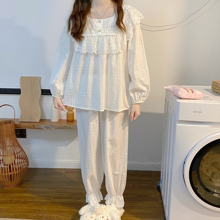 セットアップ ルームウェア パジャマ 部屋着 寝巻き ナイトウェア 長袖 レース フリル 上下セット