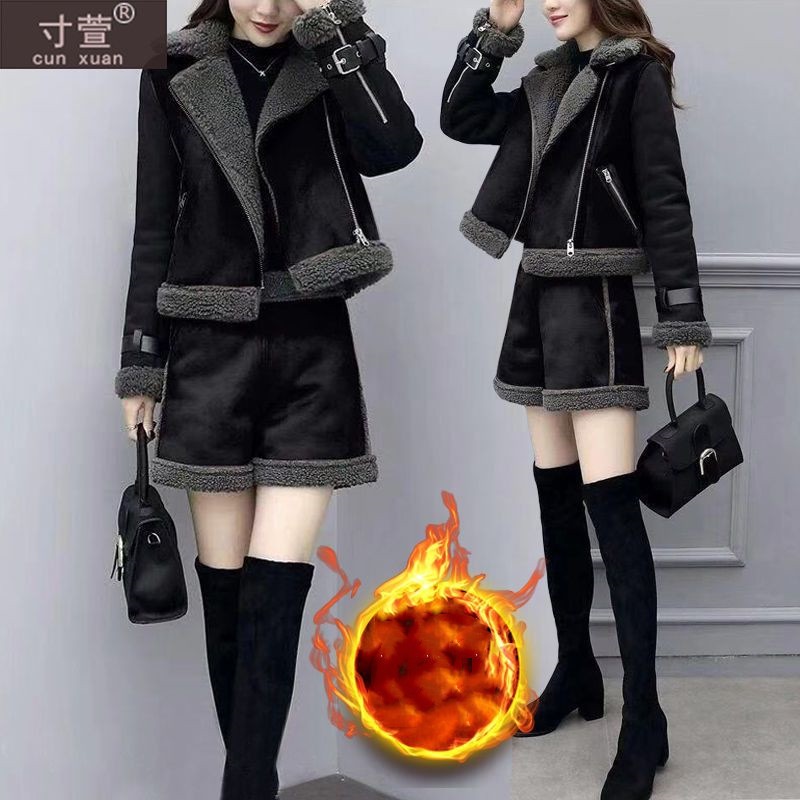 セットアップ レディーファッション 裏起毛 ジャケット+ショートパンツ 秋冬 保温 上下2点セット