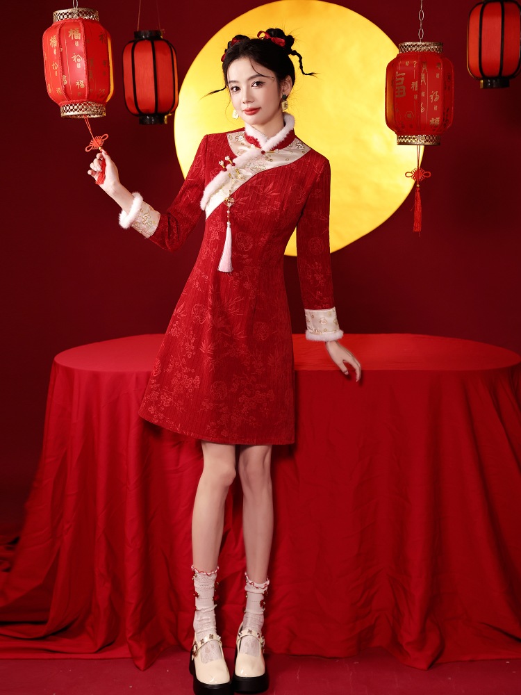 赤いチャイナドレス秋冬ショート正月シャツ小人用正月服新年の挨拶祝い婦人服