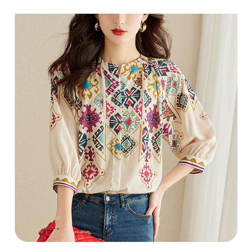 夏新作ブラウス レディース 春 夏 半袖 五分袖 トップス 花柄 シャツブラウス オフィス リゾート きれいめ おしゃれ